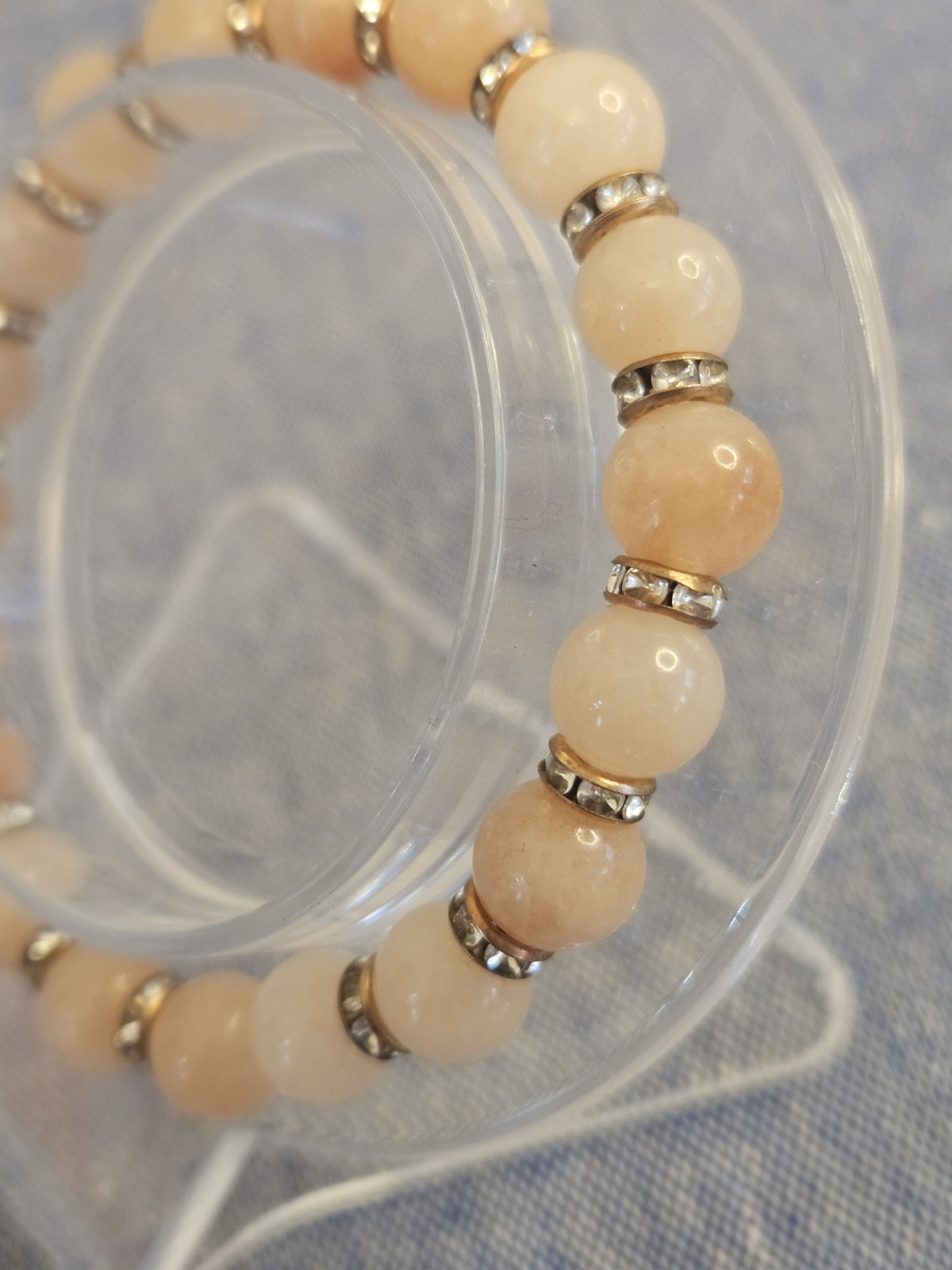 Pink Sunstone 8mm Round Beaded Stretch Bracelet w Golden Rhinestone Spacer Rings