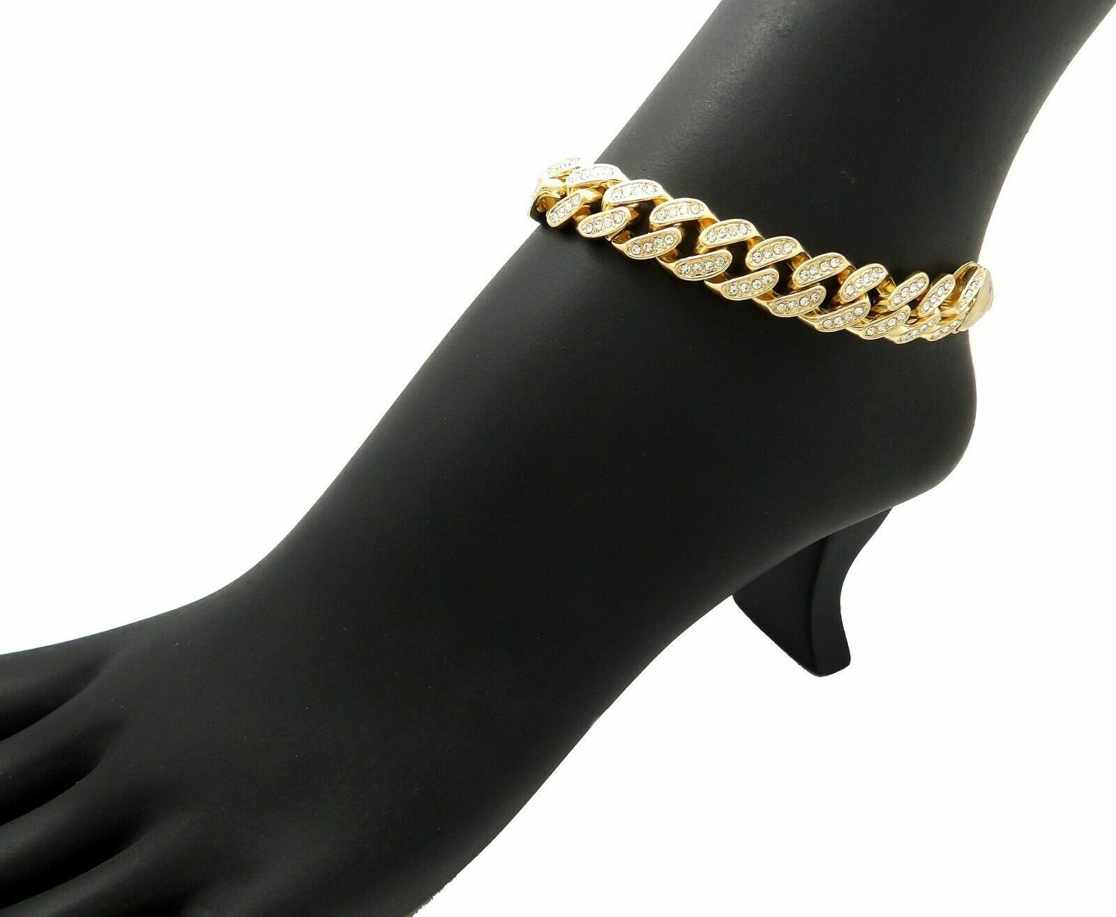 WOMEN HIP HOP 12mm 11″ 12″ ICED MIAMI CUBAN BLING CHAIN BOX LOCK BRACELET ANKLET