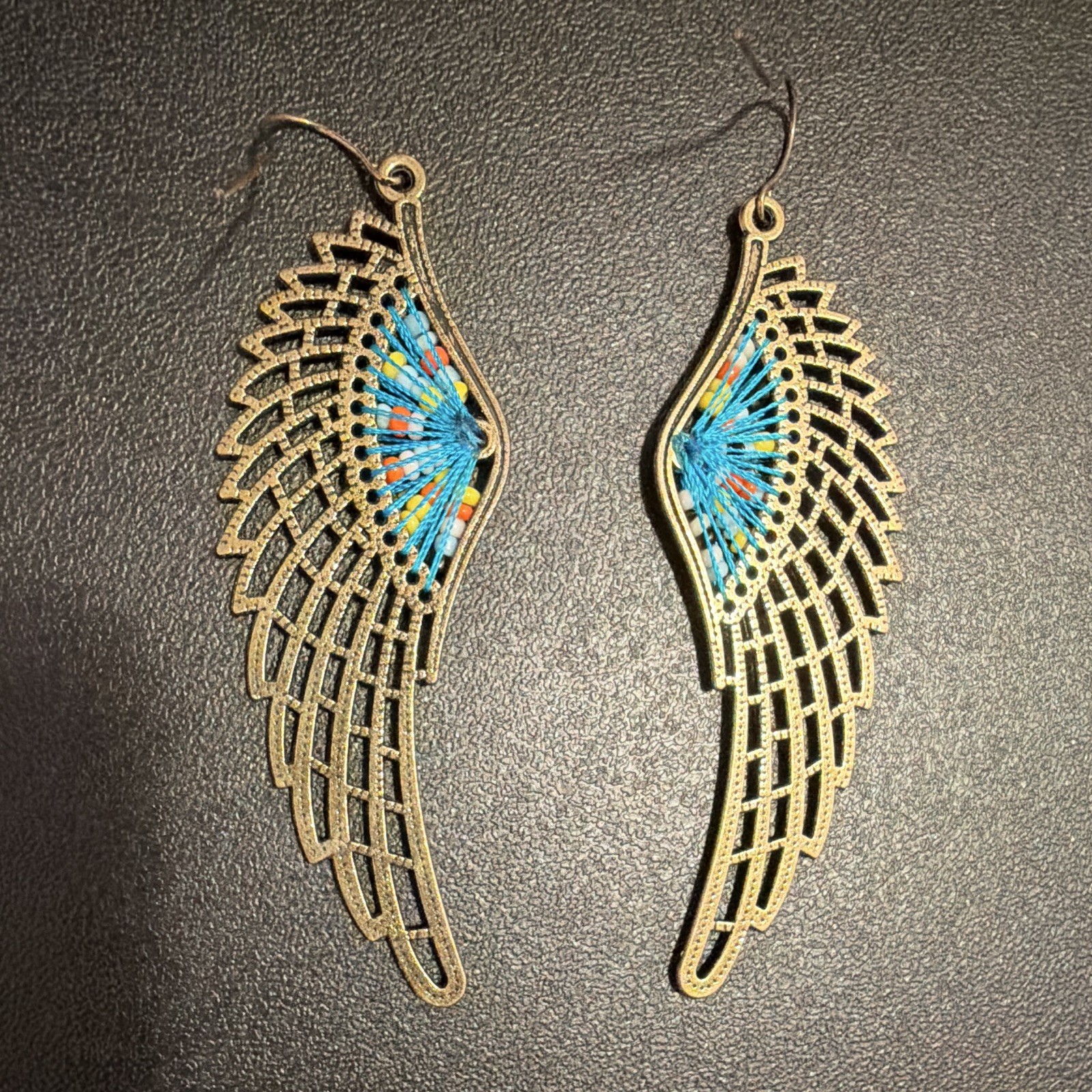 Gold Tone Angel Wing Dangle Drop Hook Earrings w/ Multicolor Beaded Detail