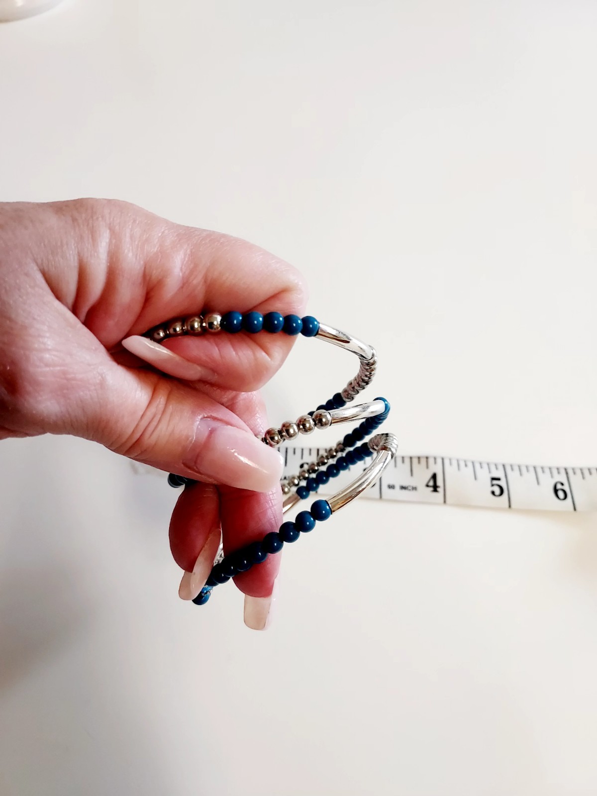 Blue and Silver Beaded Wrap Bracelet Adjustable Wire Spiral, Less Than 8 in