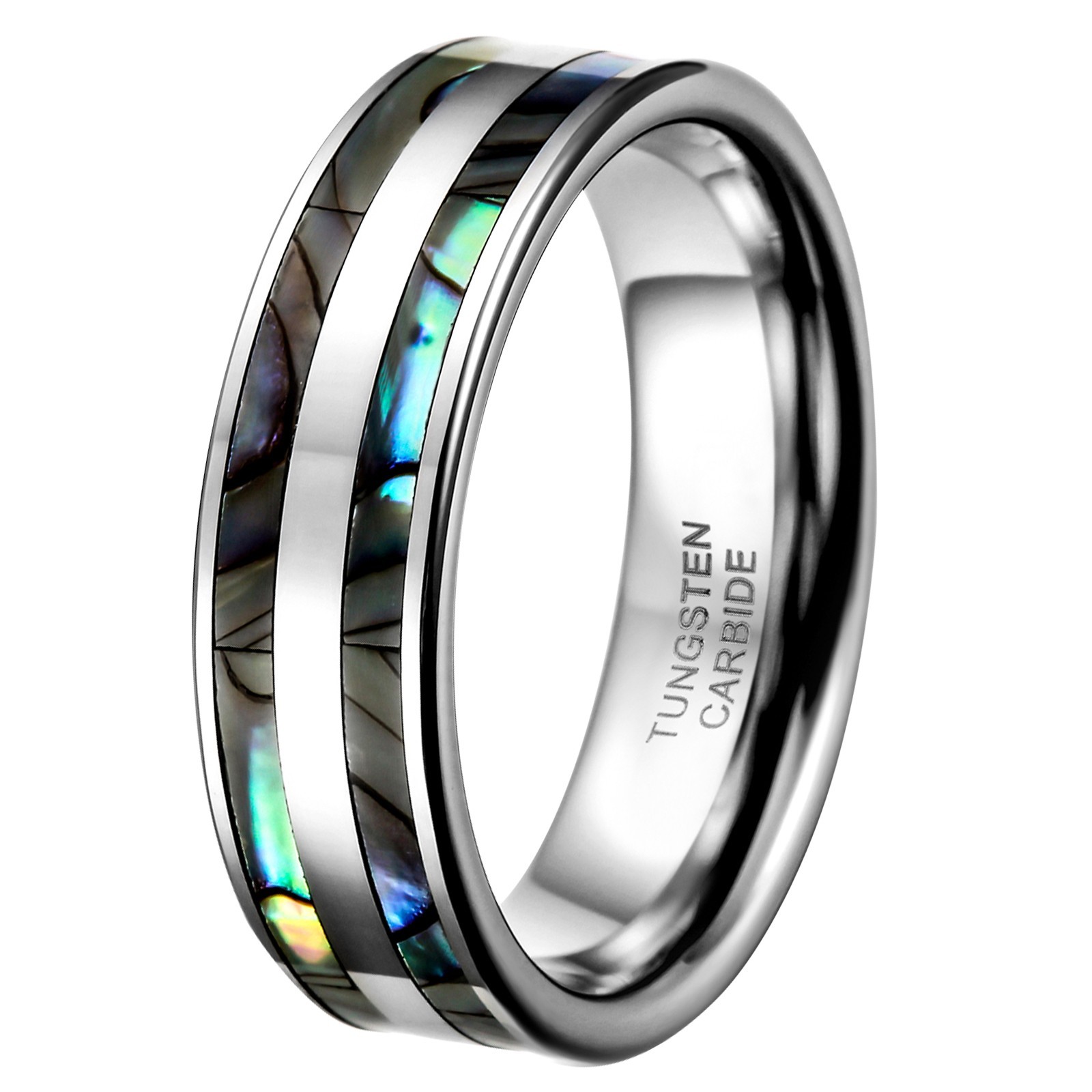 Comfort Fit Tungsten Carbide Ring Black Double Abalone Shell Inlay Wedding Band