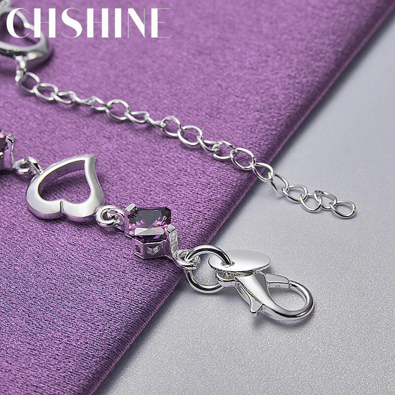 CHSHINE 925 Sterling Silver Heart Purple Zircon Chain Bracelet Charm Jewelry