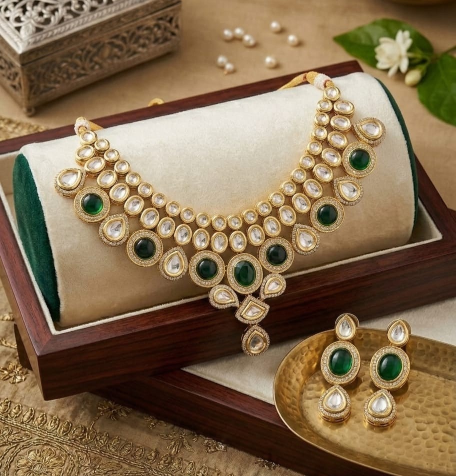 4 in 1 Kundan Bridal Necklace Set Gold Plated Pearl Wedding Jewelry Women