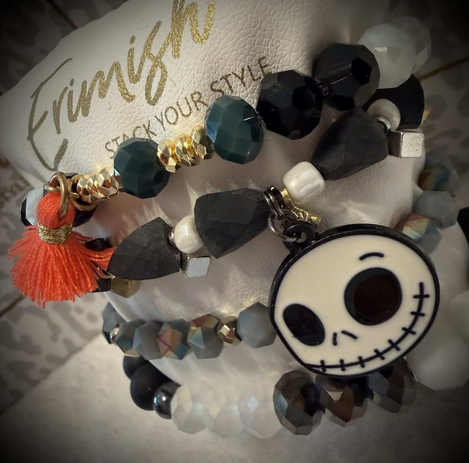 NEW! ERIMISH BRACELETS 5 pc stack – Orange, Green & Gold Halloween Skulls