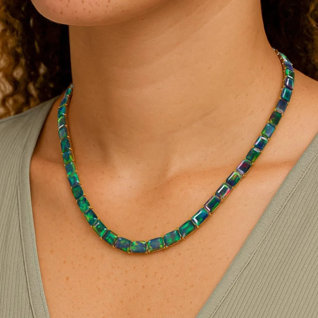 Fire Black Opal Octagon Gemstone Tennis Necklace, Natural Opal Gemstone 925