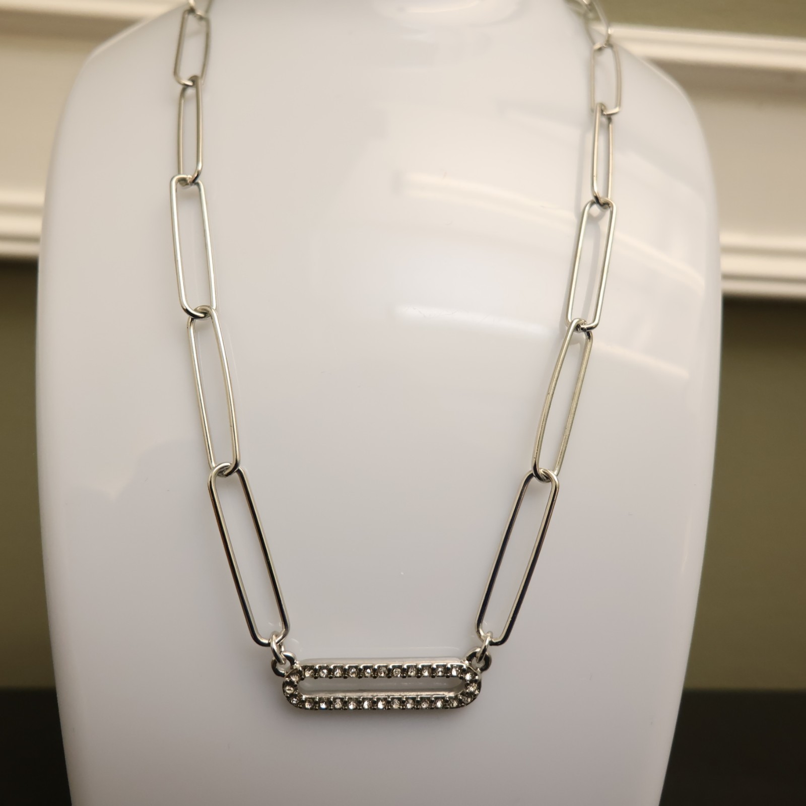 Marlyn Schiff necklace paperclip chain silvertone w crystals signed nickel free