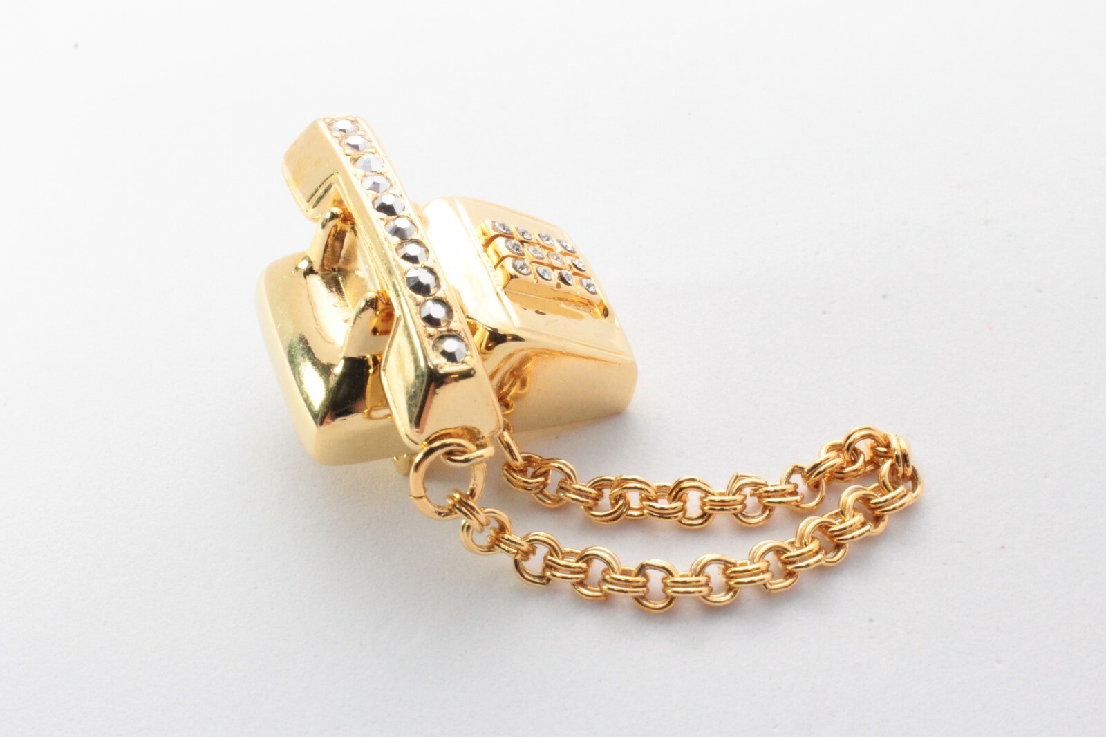 Brooch Pin – Push Button Phone – Rhinestones – Chain Dangle – Gold & Silver Tone