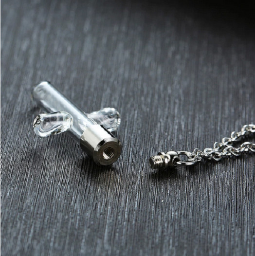 Big GLASS VIAL CROSS URN ASH CREMATION Pendant 925 Sterling Silver 22″ Necklace