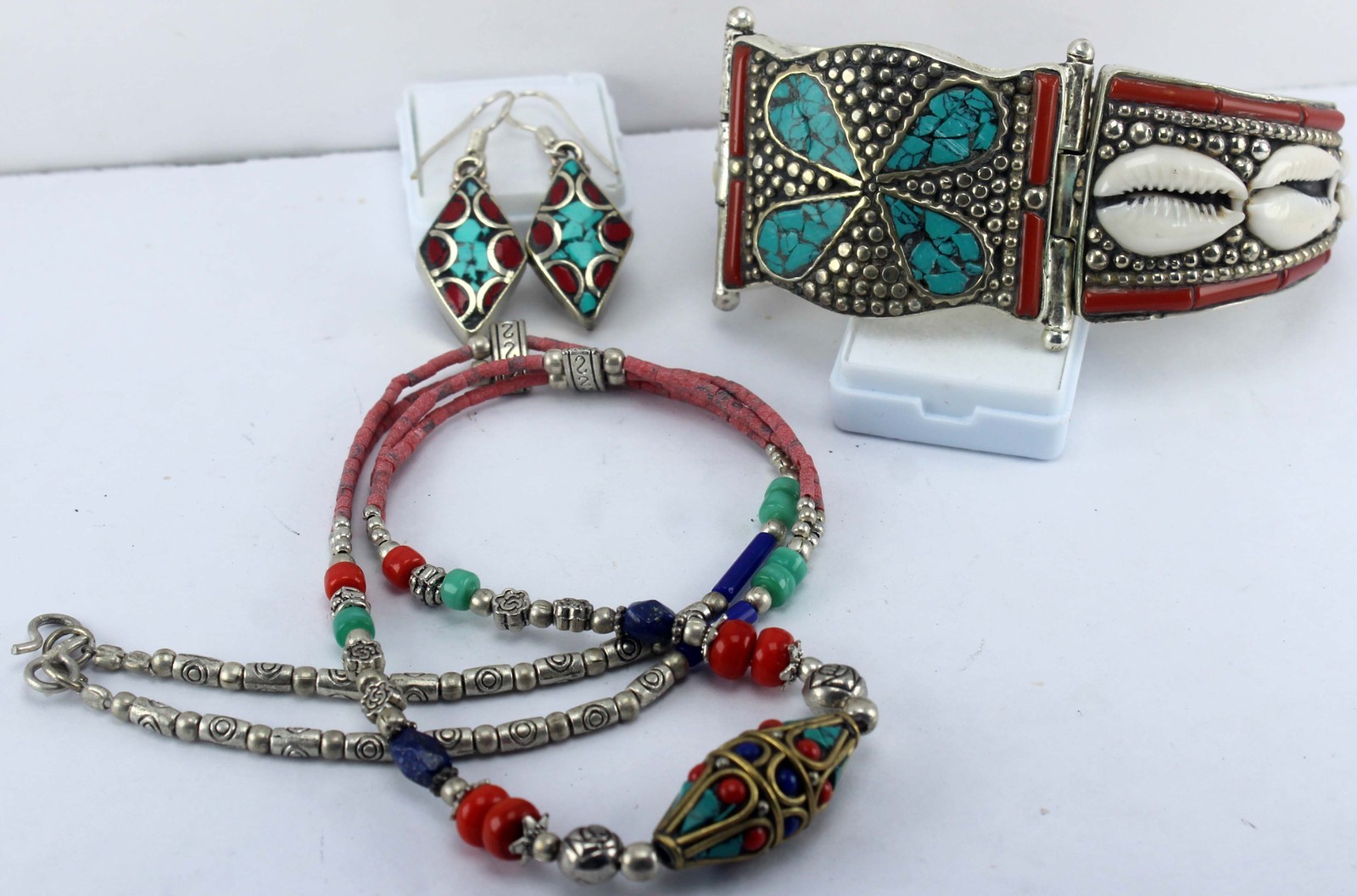Vintage Tibetan Jewelry Set Turquoise Coral Bracelet Earrings Necklace Boho