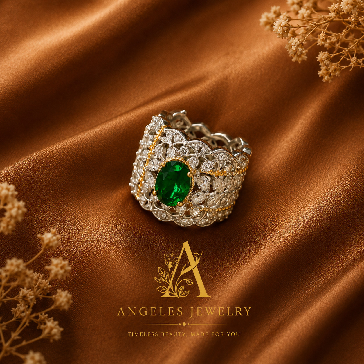 Green Crystal Band Ring 18K Gold Plated Handmade Gemstone Adjustable Size