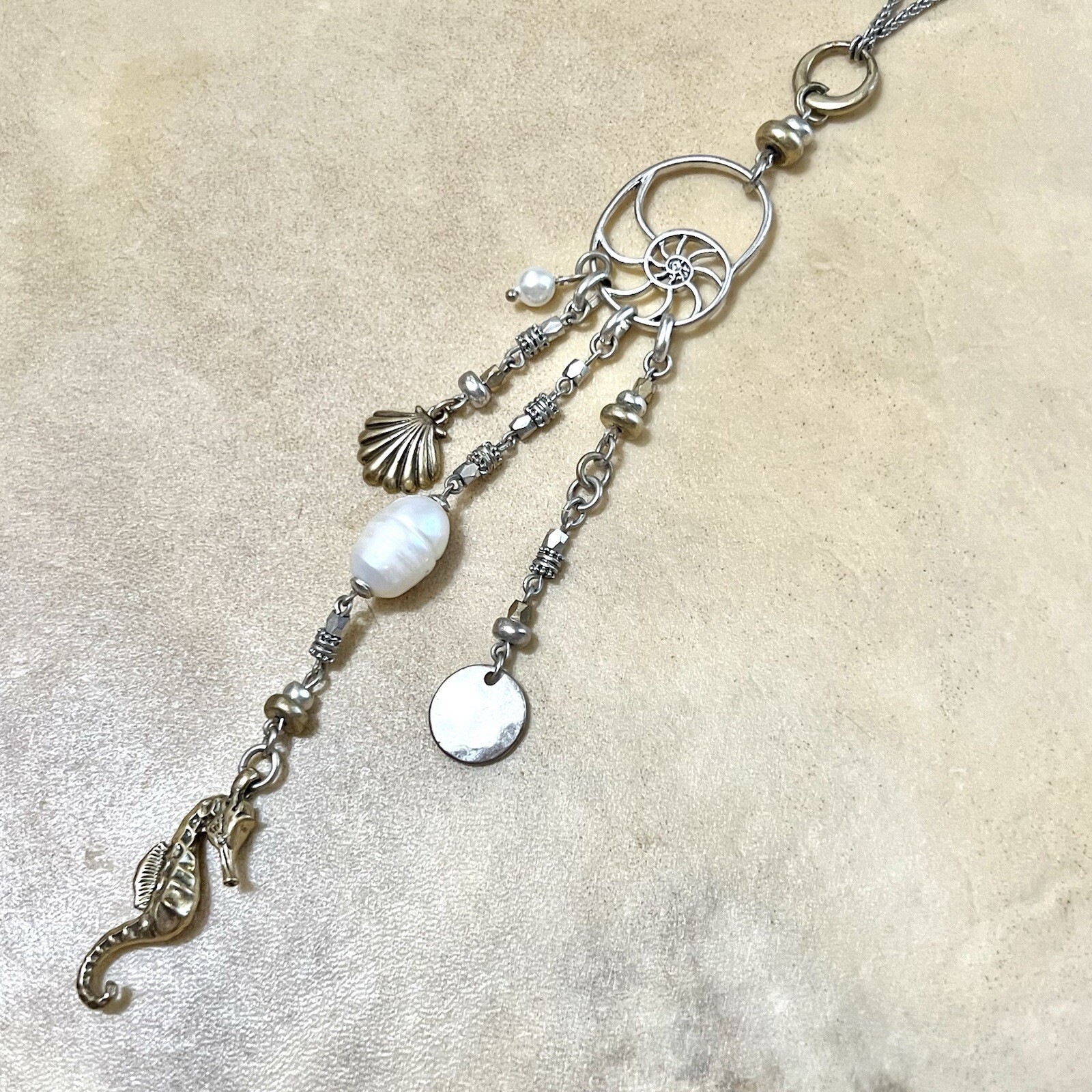 Lucky Brand Ocean Necklace w/ Genuine Pearl- Seahorse & Shell Charms – 26″