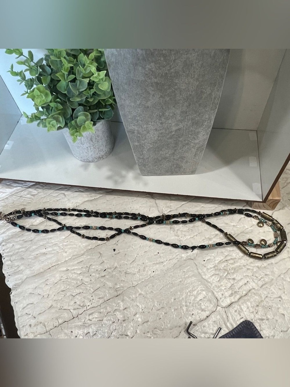 Long Delicate Black Beaded Layered Necklace with Turquoise Accents