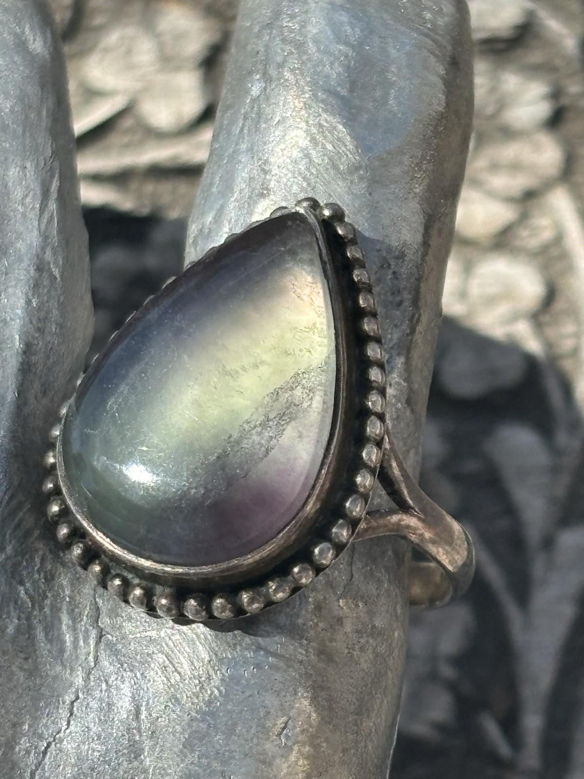 Handmade sterling silver bezel set fluorite gemstone ring size 10