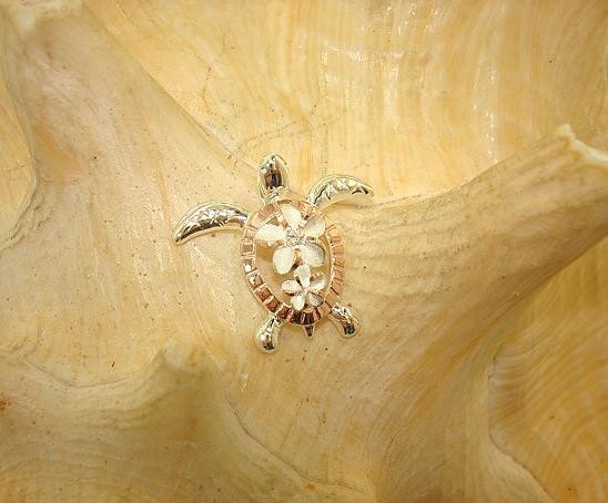 20MM 2-TONE ROSE GOLD PLATED 925 SILVER HAWAIIAN HONU TURTLE PLUMERIA CZ PENDANT