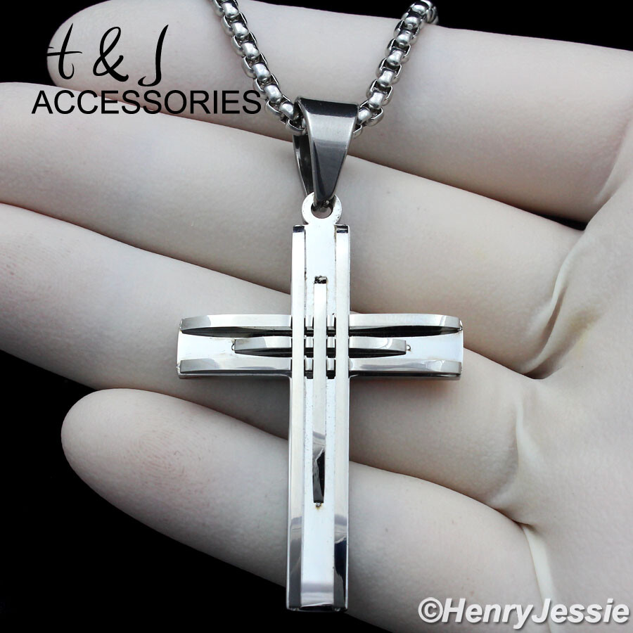 18-36″MEN Stainless Steel 3mm Silver Box Link Chain Necklace Cross Pendant*AP125