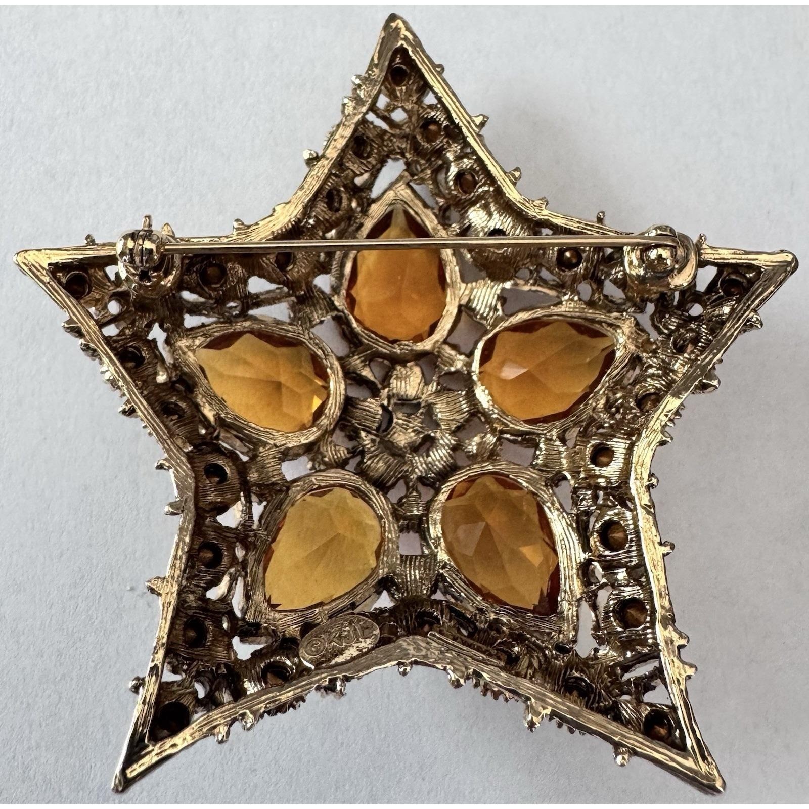 KJL Kenneth Jay Lane Star Brooch Citrine Topaz Rhinestone Gold Tone Pin