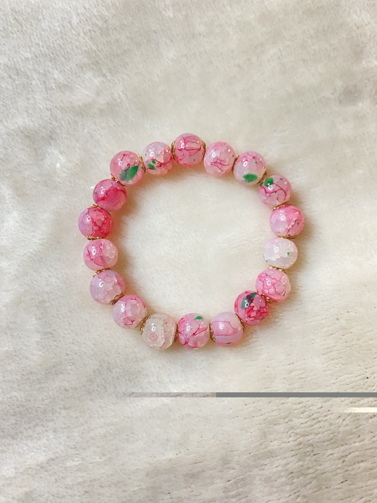 Pink White Beaded Stretch Stone Bracelet Round Less Than 8in