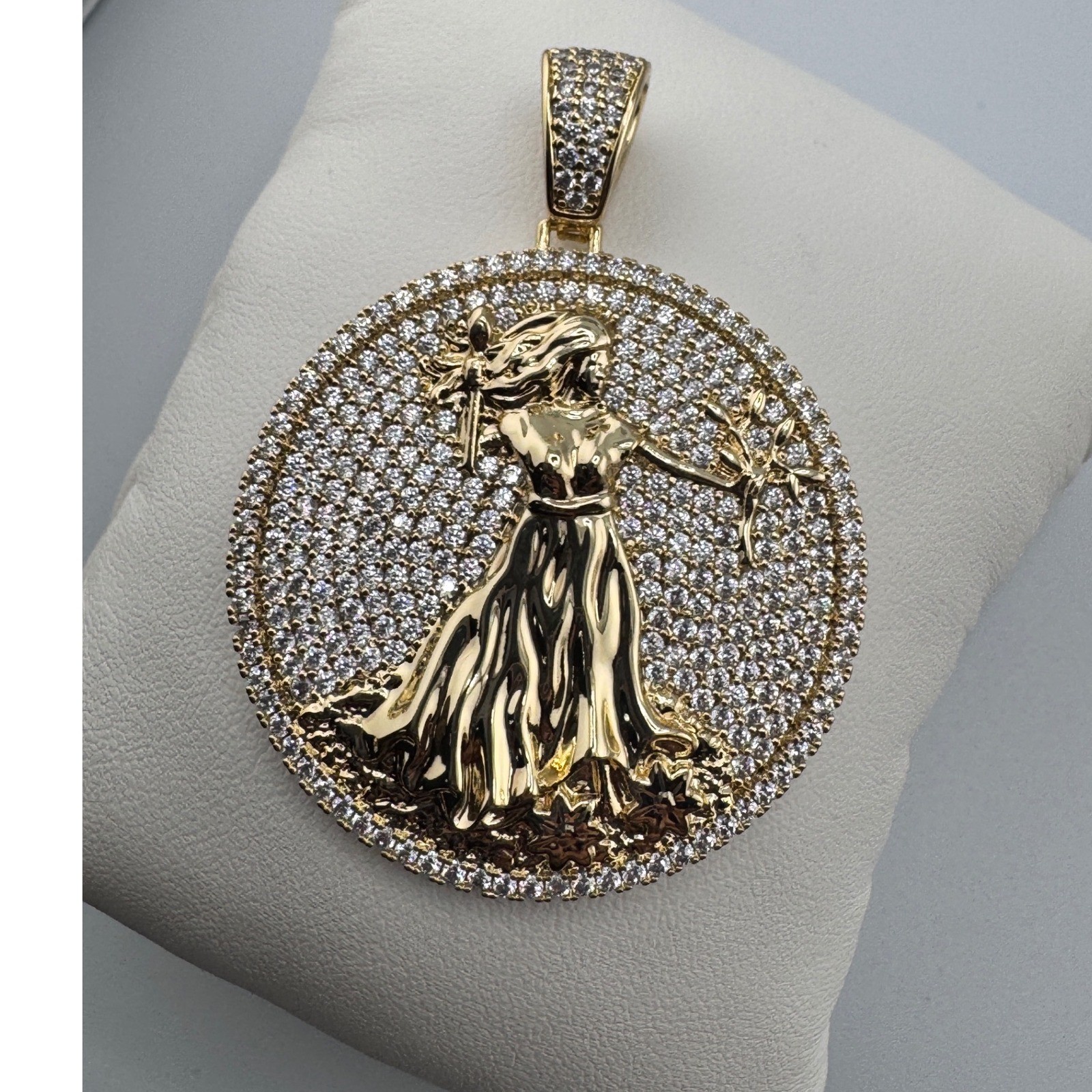 14K Gold Plated Iced Out Lady Medallion Pendant Round CZ Hip Hop Jewelry