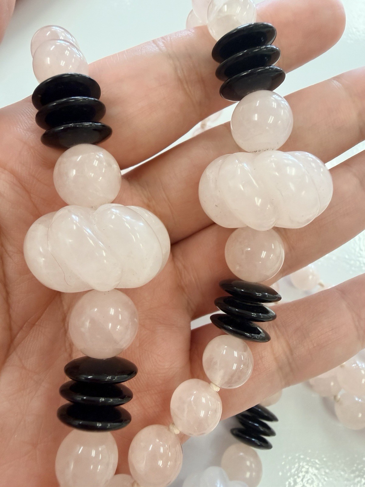 Statement Long Rose Quartz Style Necklace Black Disc Carved White Beads 35in