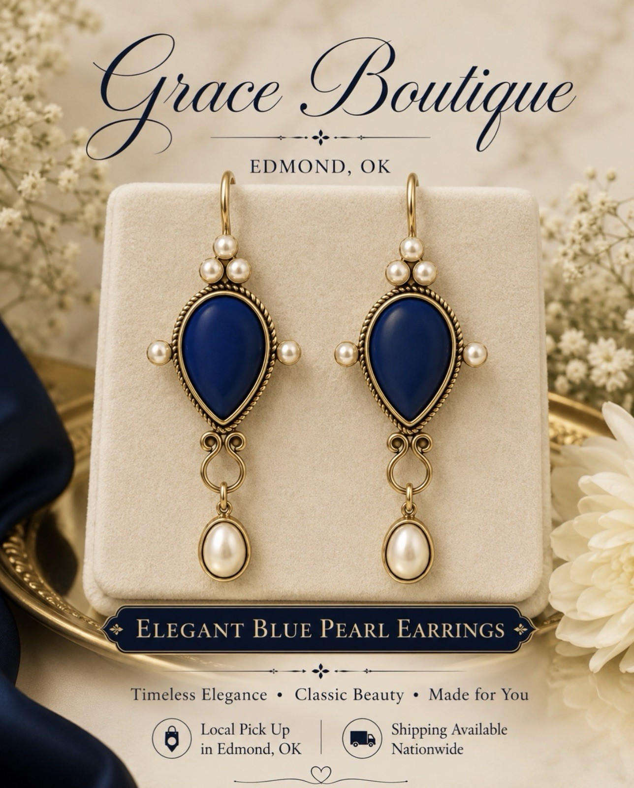Grace Boutique Teardrop Dangle Drop Earrings Gold Tone Blue White Pearl Hook