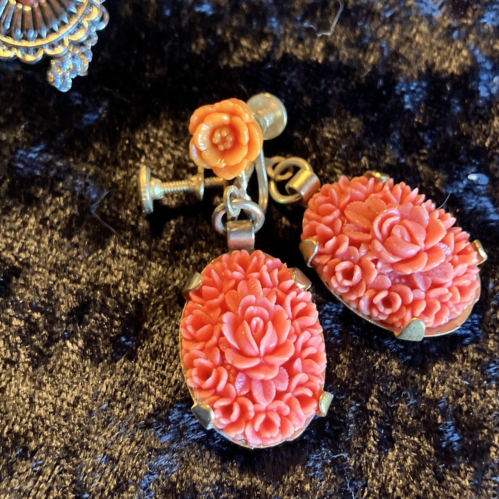 Orange Silver Tone Necklaces Pendant & Floral Screwback Earrings Jewelry Set