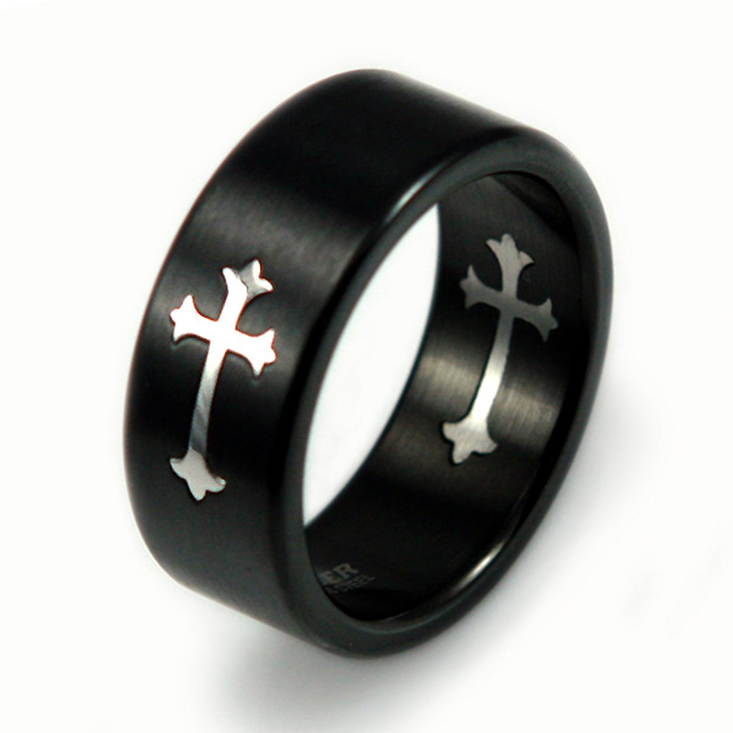 Stainless Steel Silver Cross Crucifix Mens Black Wedding Band 8MM