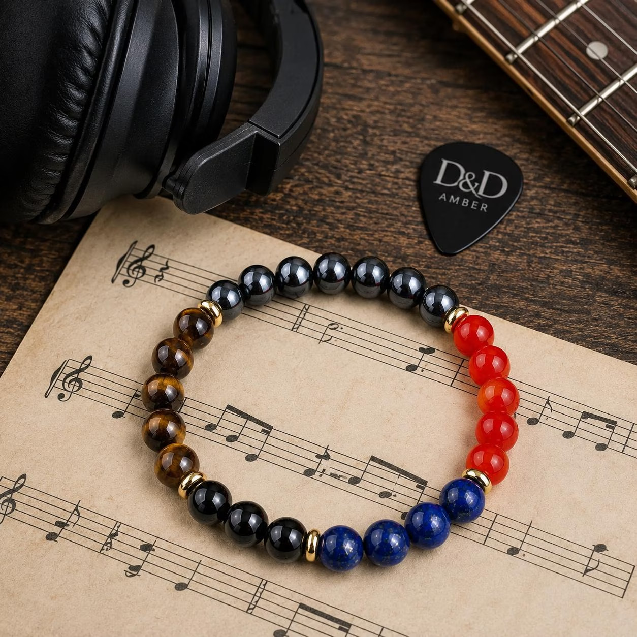 Natural Gemstone Beaded Bracelet Tiger Eye Lapis Coral Hematite Unisex Gift