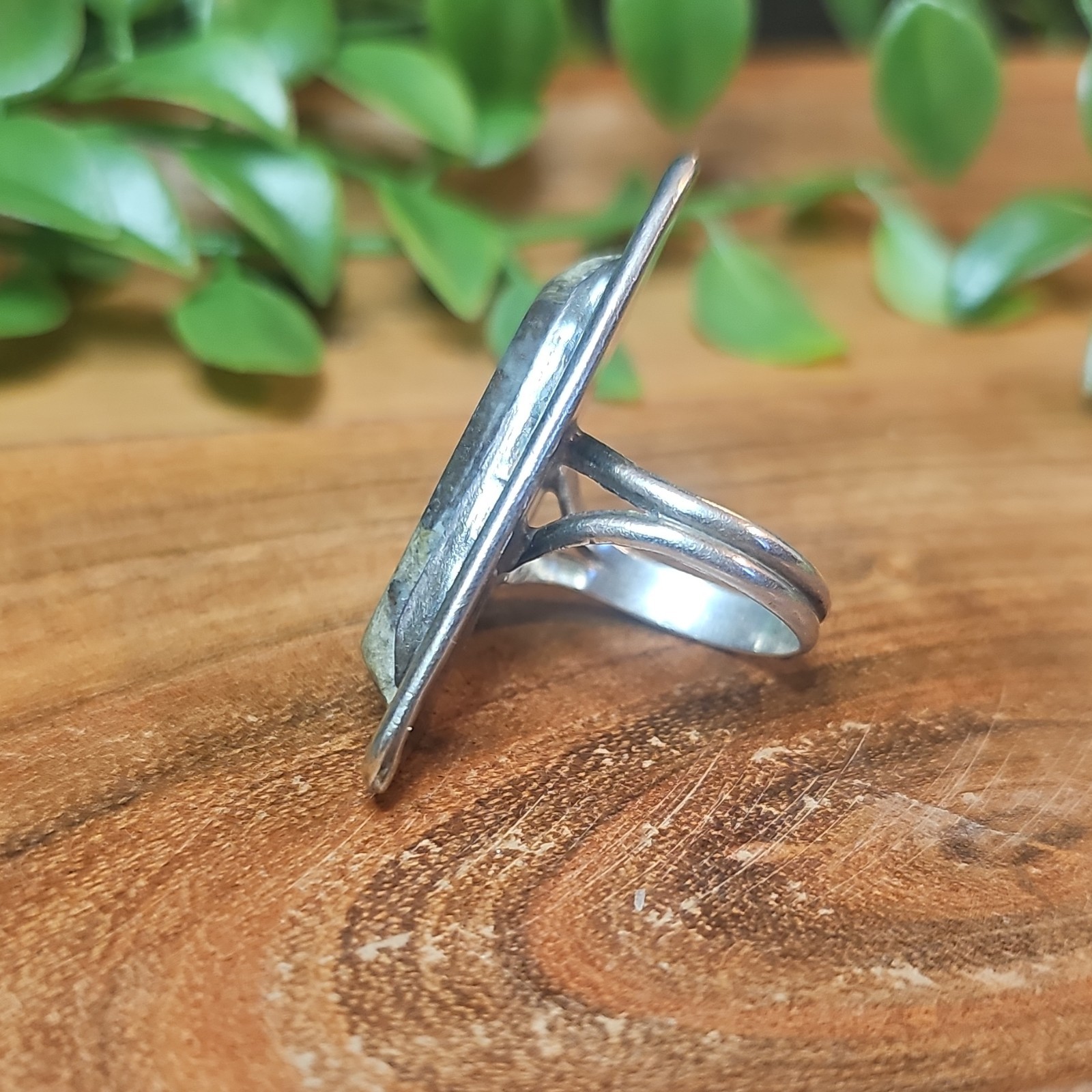Vtg 925 Sterling Kambaba Jasper Statement Shield Asymmetrical Ring 13g Sz 7.5