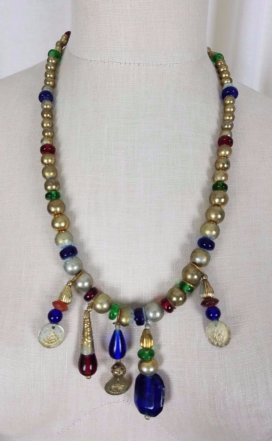 Single Strand Metal Glass Beads Pearls Gripoix Jewels Coins Gold BEADED NECKLACE