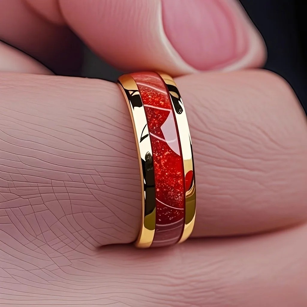 8MM Fashion Men Women Red Stainless Steel Rings Unique Wedding Engagement Band J