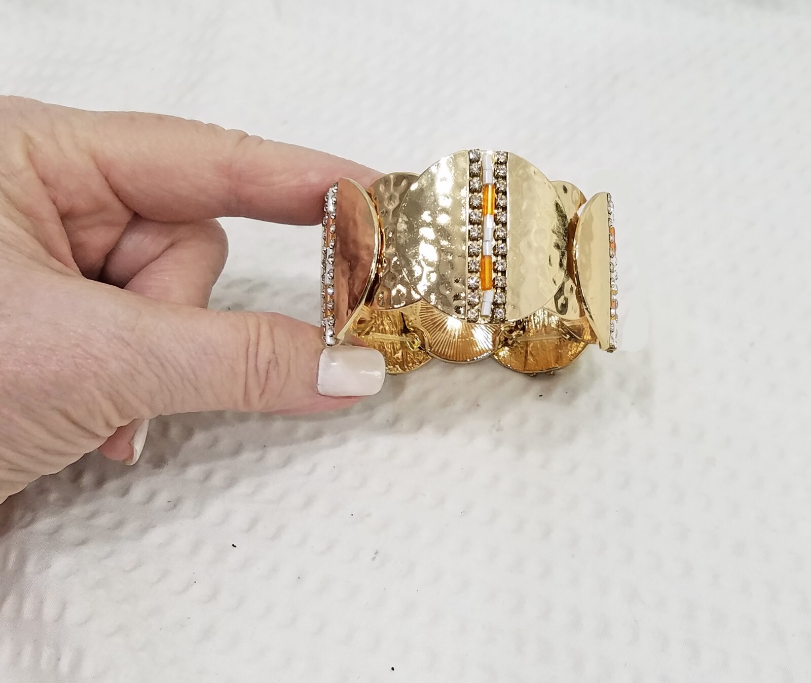 New! White Crystal & Orange Bugle Beads Hammered Gold Tone Disk Stretch Bracelet
