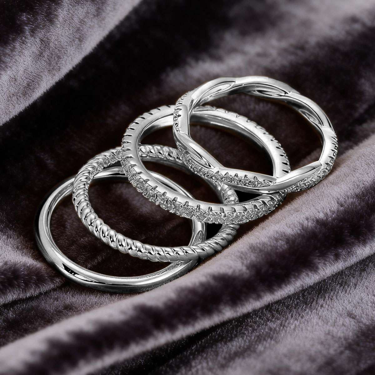 4Pcs Set Sterling Silver Ring Women Thin Stackable Rings Cubic Zirconia Thumb US