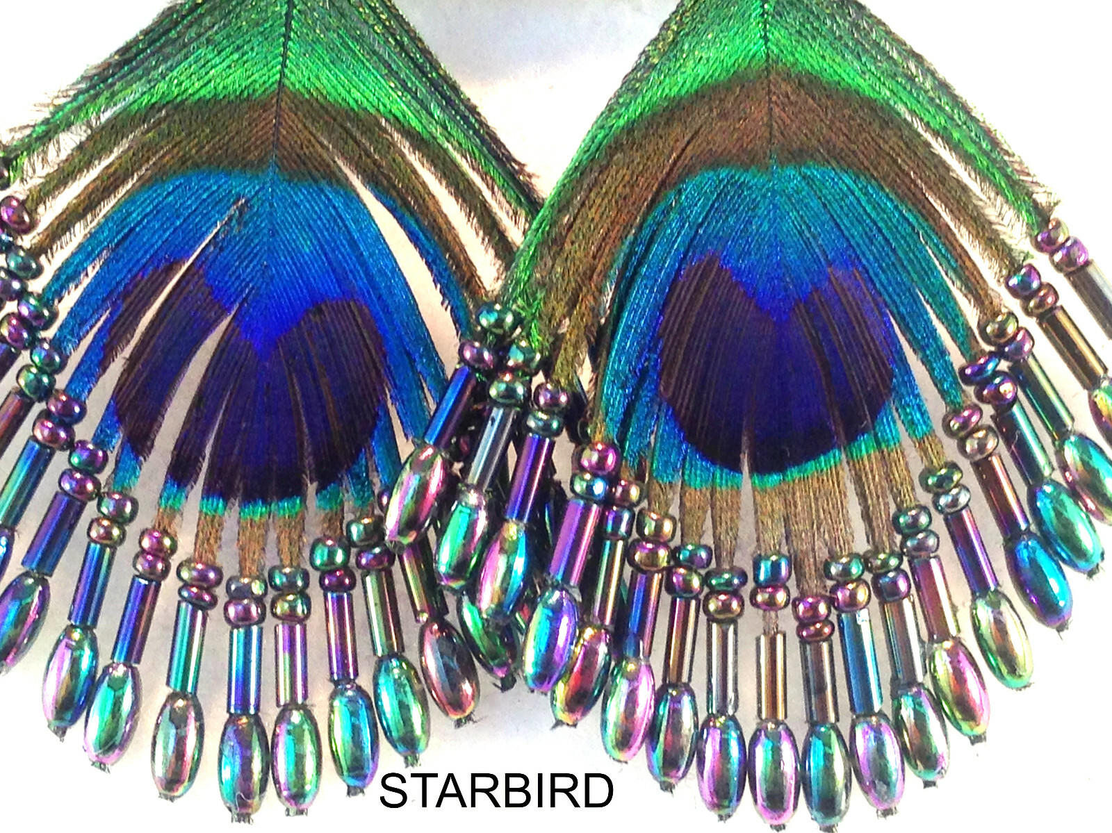 PEACOCK FEATHER BEADED EARRINGS AURORA BOREALIS 80’s VINTAGE