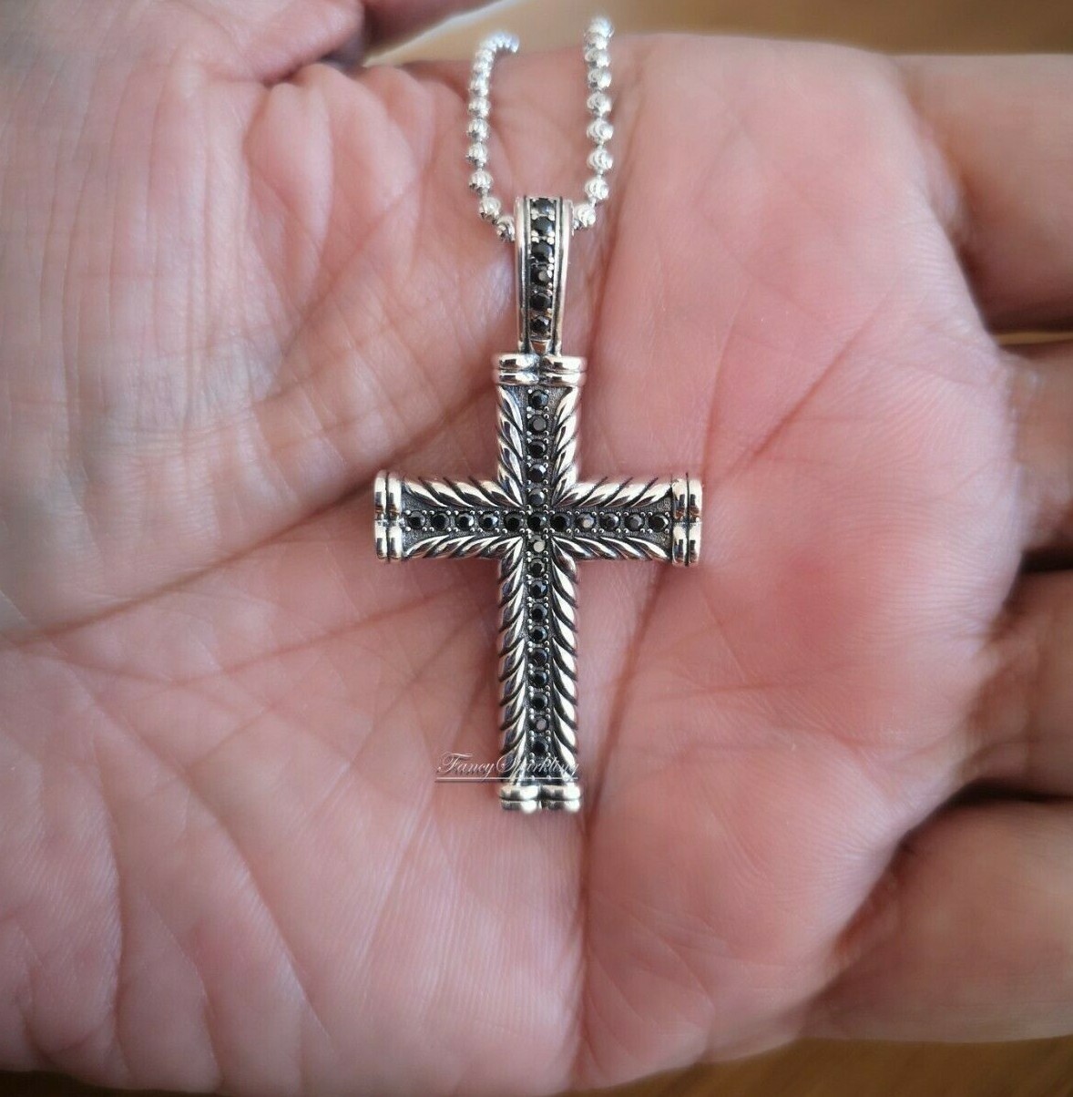Black Simulated Diamond Cross Pendant Necklace 14K Oxidized White Gold Finish