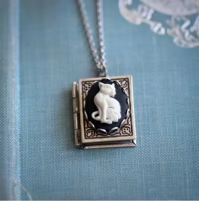 Gothic Cat Cameo on Tiny Book Shaped Pendant Necklace Locket New