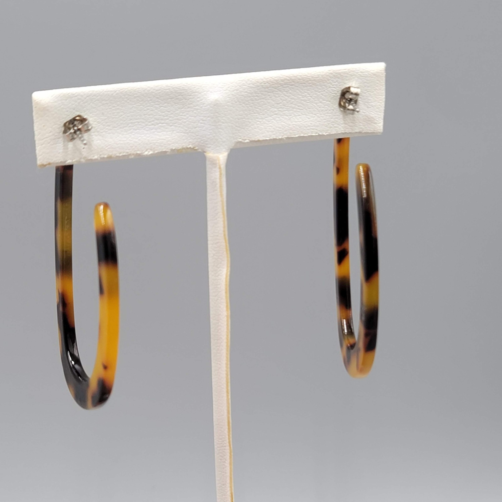 Acrylic Faux Tortoise Shell Hoops Pierced Earrings Oval Long 2 1/8 in
