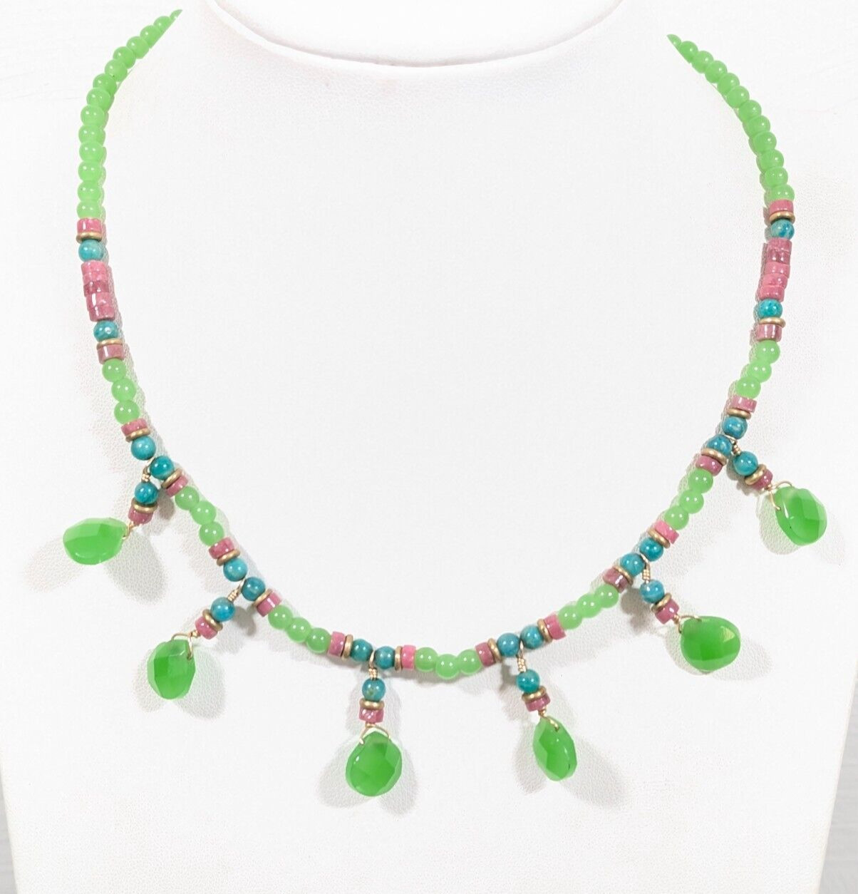 Tribal Western Boho Green Stone Teardrop Charm Pink Stacked Bead Necklace 15 in