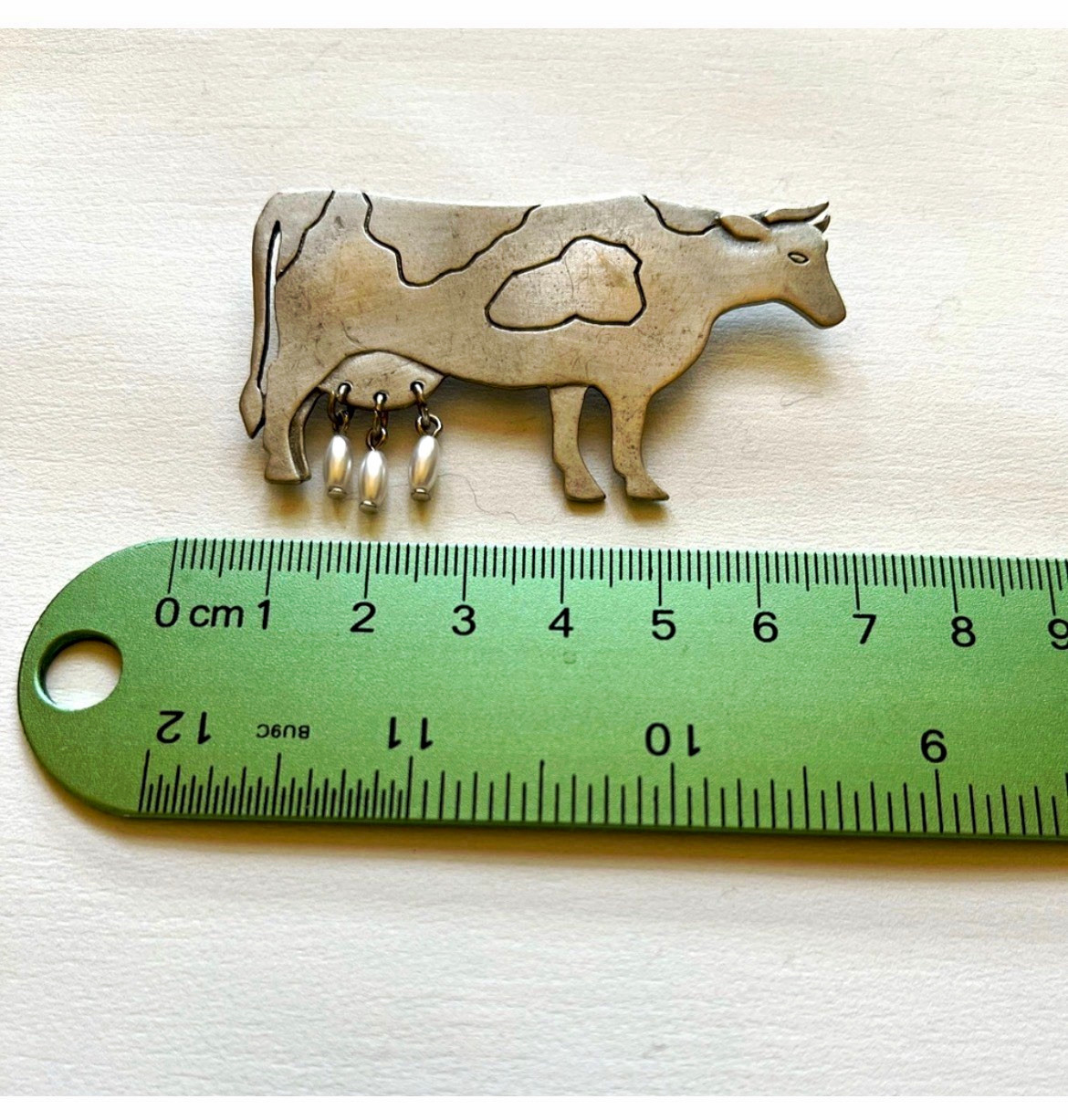 Signed Silver Tone Metal Cow Brooch Pin with Dangle Charms, 7 cm