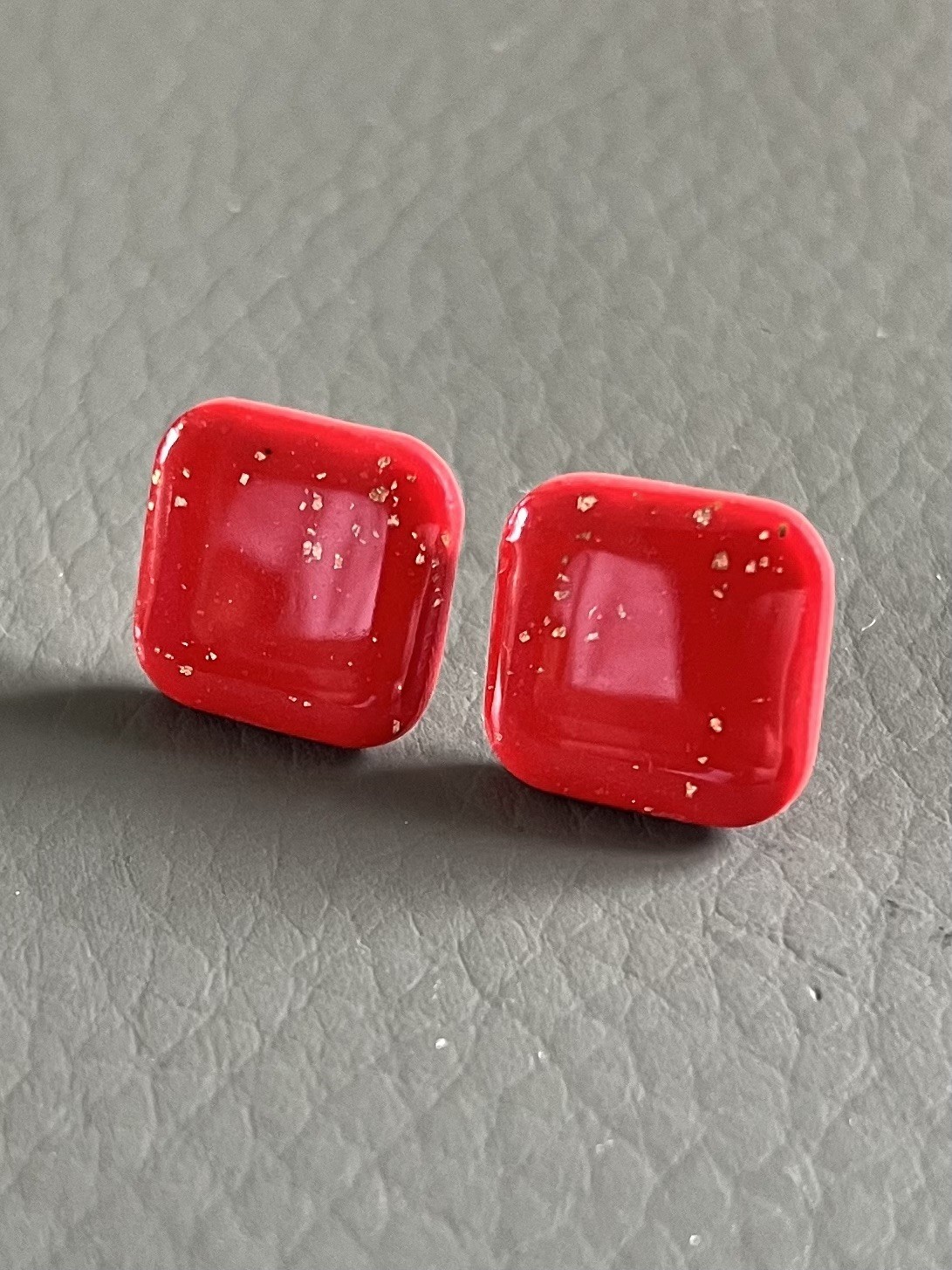 Handmade Red Resin-Coated Polymer Clay Stud Earrings Square Ultra Lightweight