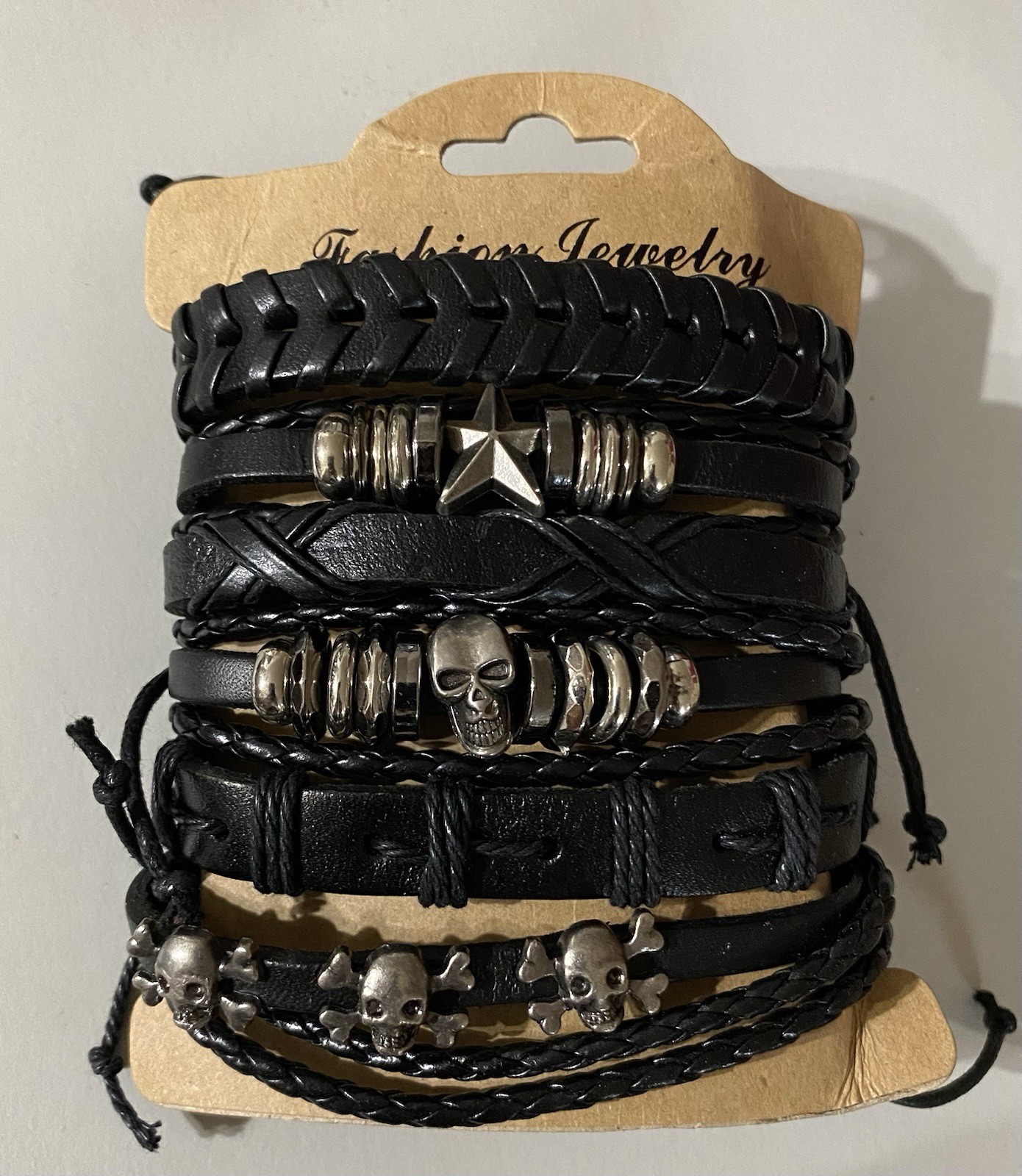 6 PC Faux Leather Bracelet Adjustable Tie & Stackable Silver Star and Skulls