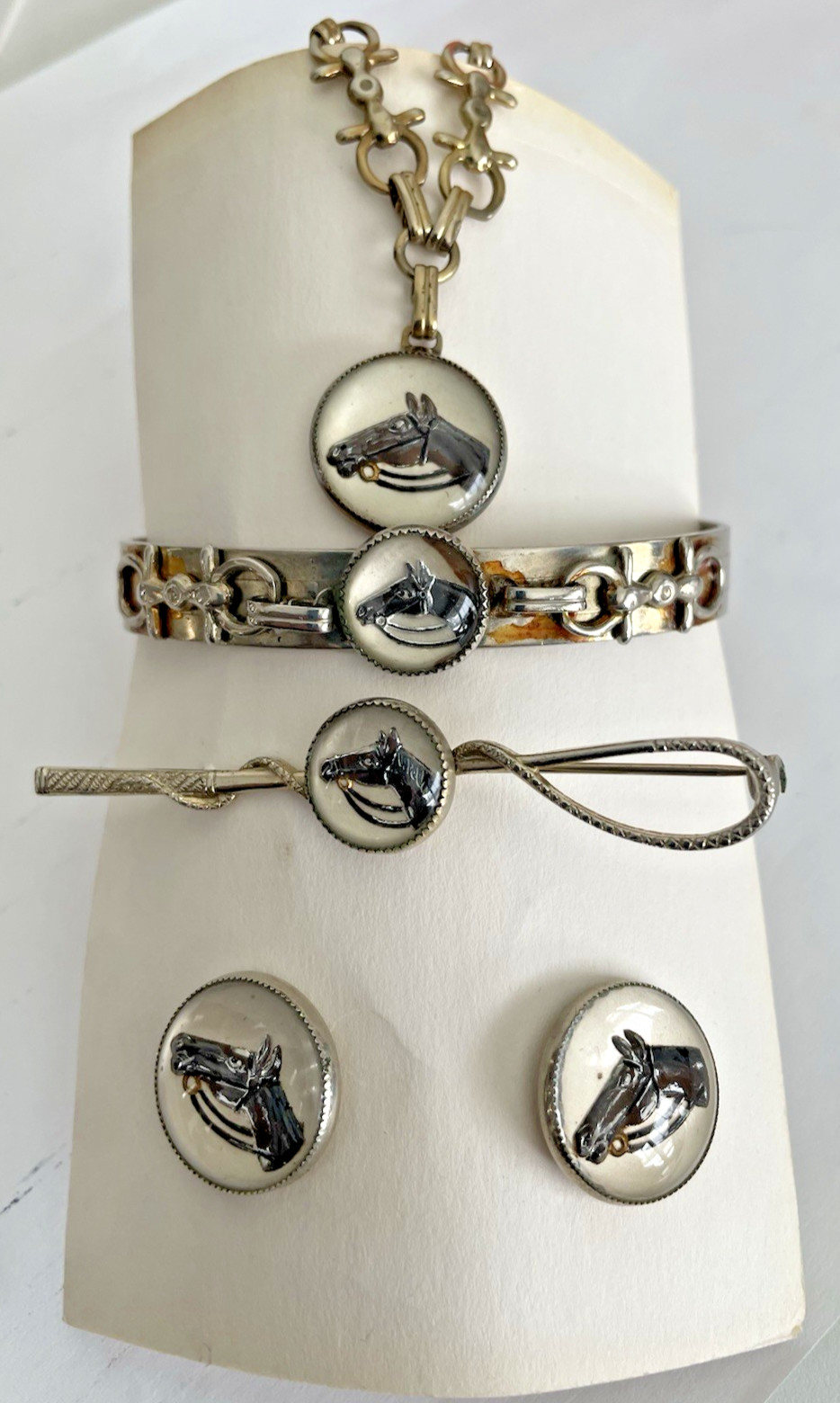 lot of 4 piece set equestrian jewelry concave glass reveres hand painted pendant