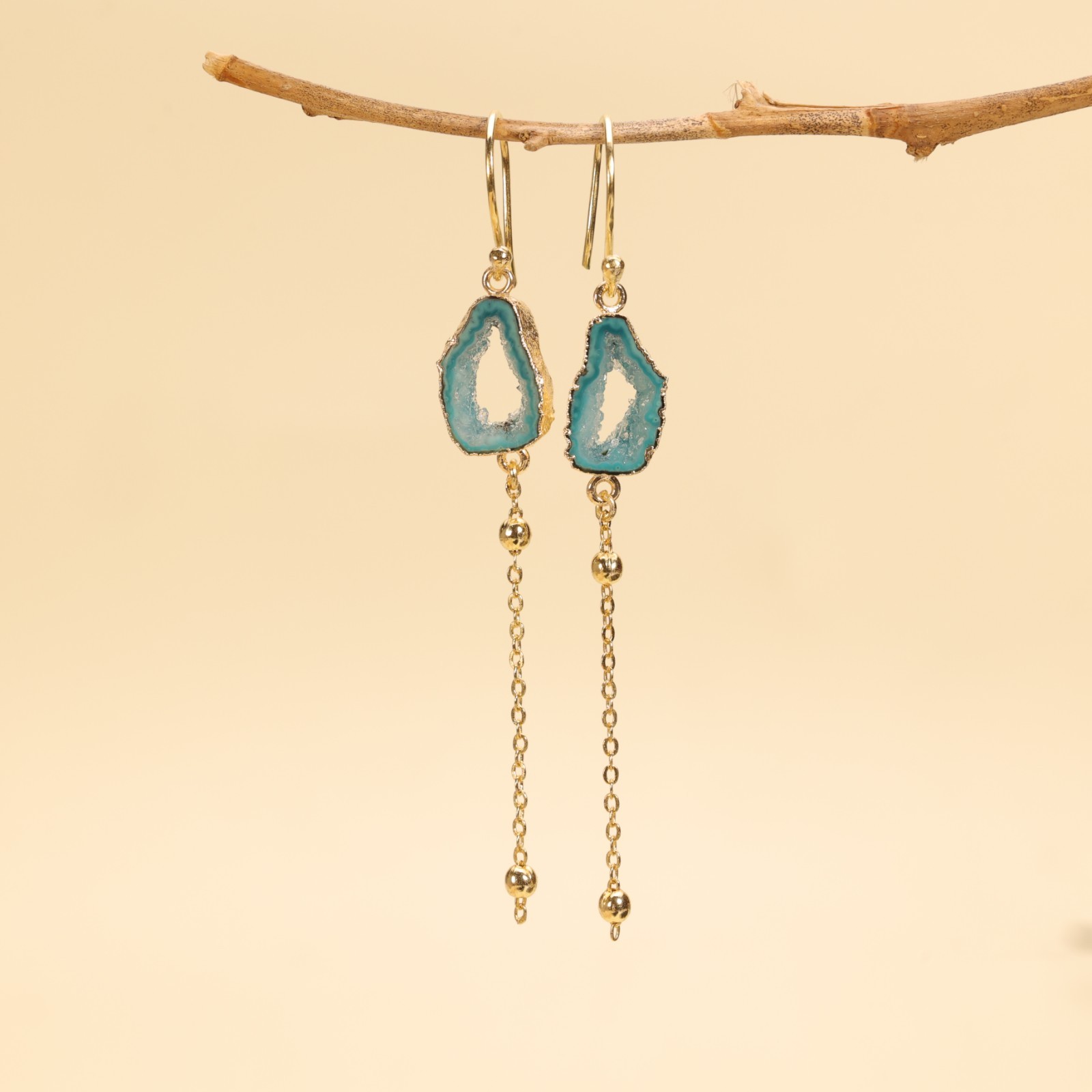 Teal Green Agate Slice Earrings | Gold Plated Brass statement Jewelry