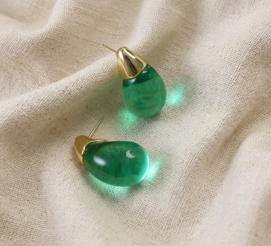 Lucite Earrings Style Clear Water Drop Gold Stud Boho Statement Retro VTG Retro