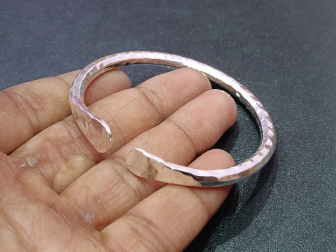 Hand Hammered Silver Cuff Bracelet, Minimal Open Bangle Adjustable Rustic Silver
