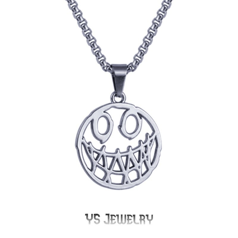 Mens Womens Silver Evil Smile Face Pendant Necklace Punk Gothic Jewelry 24″