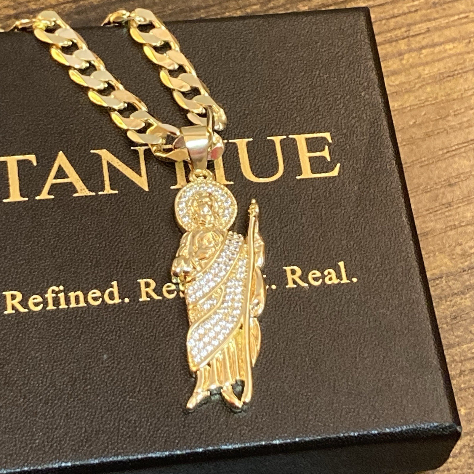 Saint Jude CZ Pendant Necklace Tantiue 23.5in 5mm Gold Tone Curb Link Chain