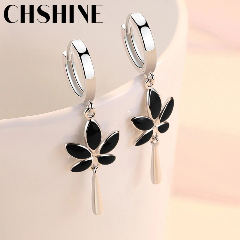 CHSHINE 925 Sterling Silver Maple Leaves Water Drop Earrings Charm Jewelry