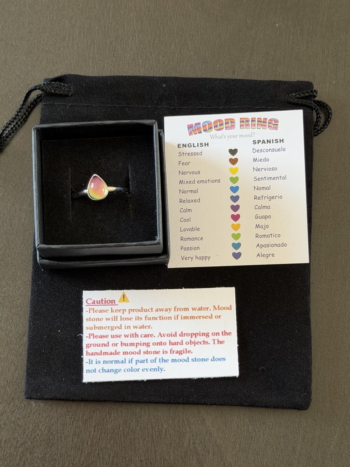 Teardrop Stone Pear Shape Bezel Stainless Steel Silver Mood Ring Size 12