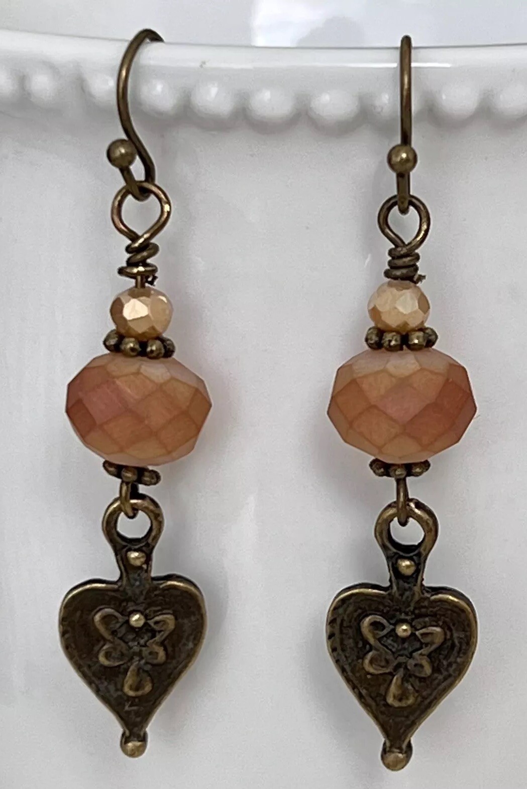 Beautiful Etched Bronze with Dusty Rose Crystal Bead Dangle Earrings.