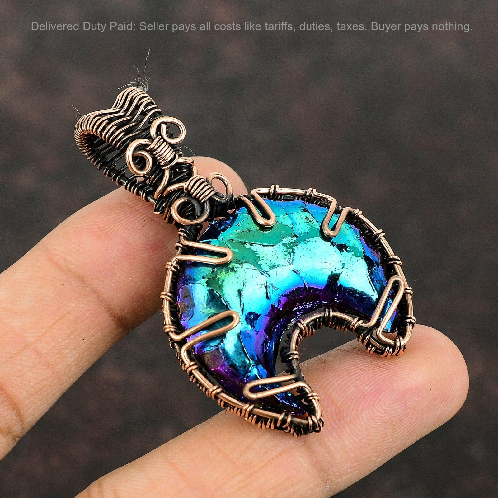 Copper Natural Titanium Druzy Daughter Wire Wrapped Crescent Moon Trendy Pendant
